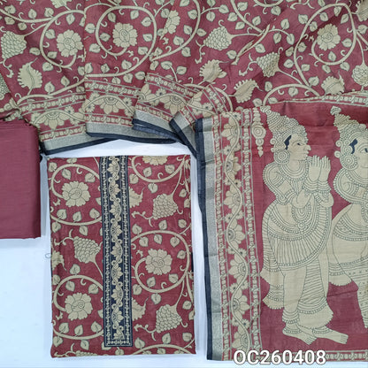 Maroon kalamkari printed soft silk cotton unstitched salwar material,printed yoke, (lining needed)cotton bottom, kalamkari printed full length soft silk cotton dupatta with pallu. OC260408