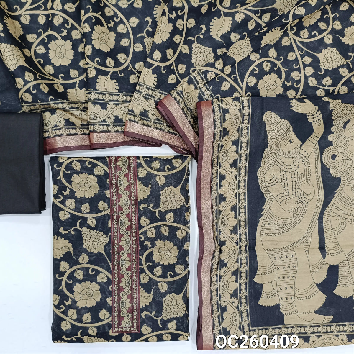Black kalamkari printed soft silk cotton unstitched salwar material,printed yoke, (lining needed)cotton bottom, kalamkari printed full length soft silk cotton dupatta with pallu. OC260409