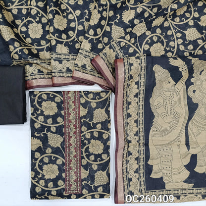 Black kalamkari printed soft silk cotton unstitched salwar material,printed yoke, (lining needed)cotton bottom, kalamkari printed full length soft silk cotton dupatta with pallu. OC260409