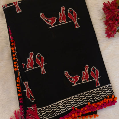 Black soft cotton printed saree with pom pom tapings (Thin, Soft)printed pallu, plain running blouse with borders. NS296