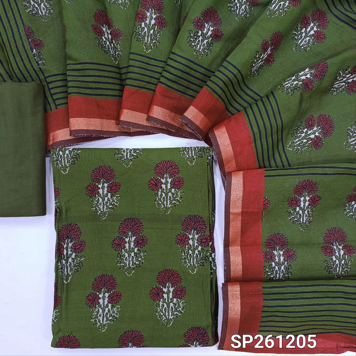 Olive green soft silk cotton unstitched salwar material, digital printed (Soft, Lining Needed)macthing cotton bottom, digital printed silk cotton dupatta. SP261205