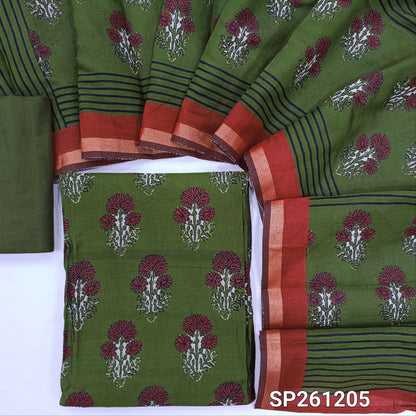 Olive green soft silk cotton unstitched salwar material, digital printed (Soft, Lining Needed)macthing cotton bottom, digital printed silk cotton dupatta. SP261205