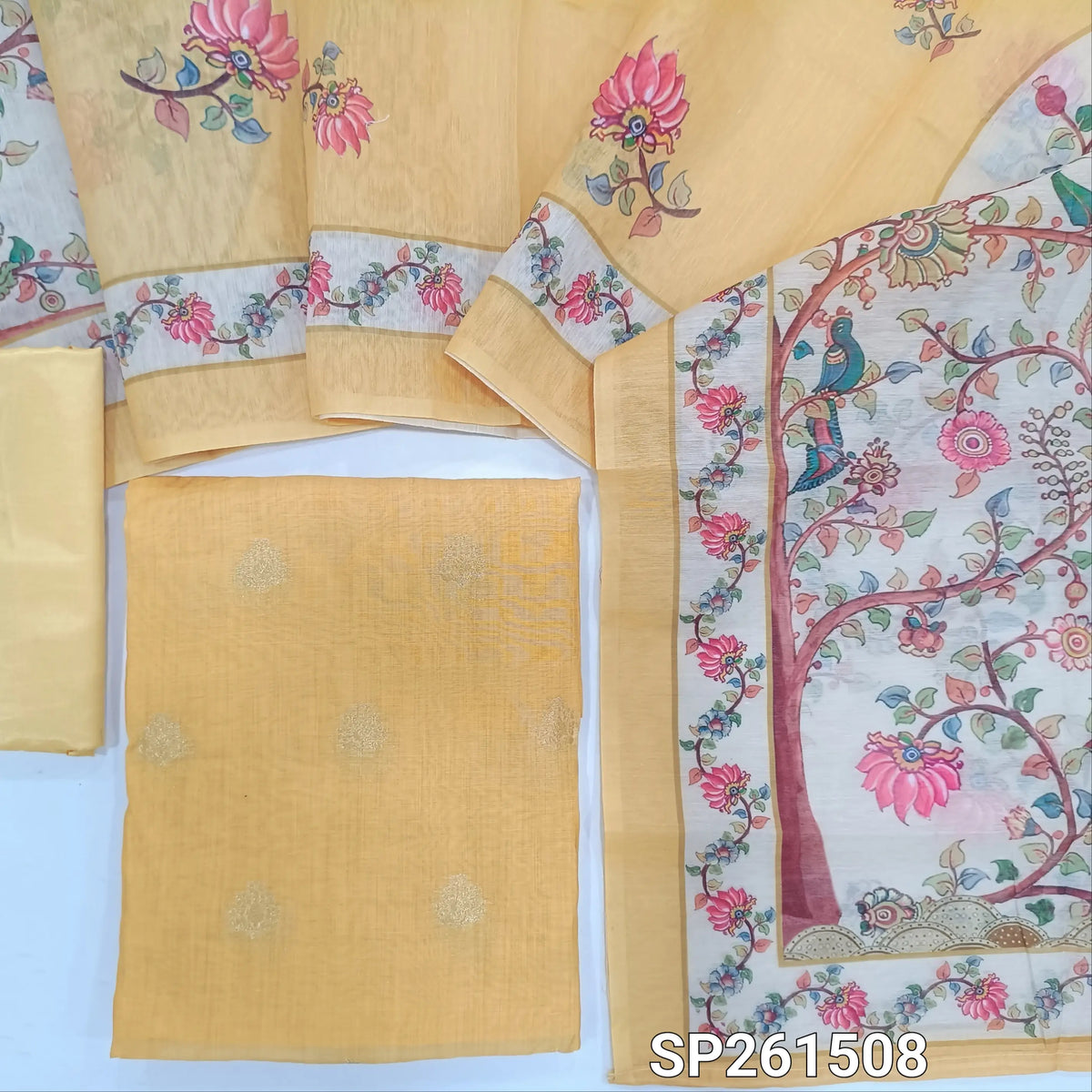Pastel yellow silk cotton benarasi zari woven unstitched salwar material (Thin, Lightweight, Lining Needed)matching silky bottom, digital printed silk cotton dupatta. SP261508