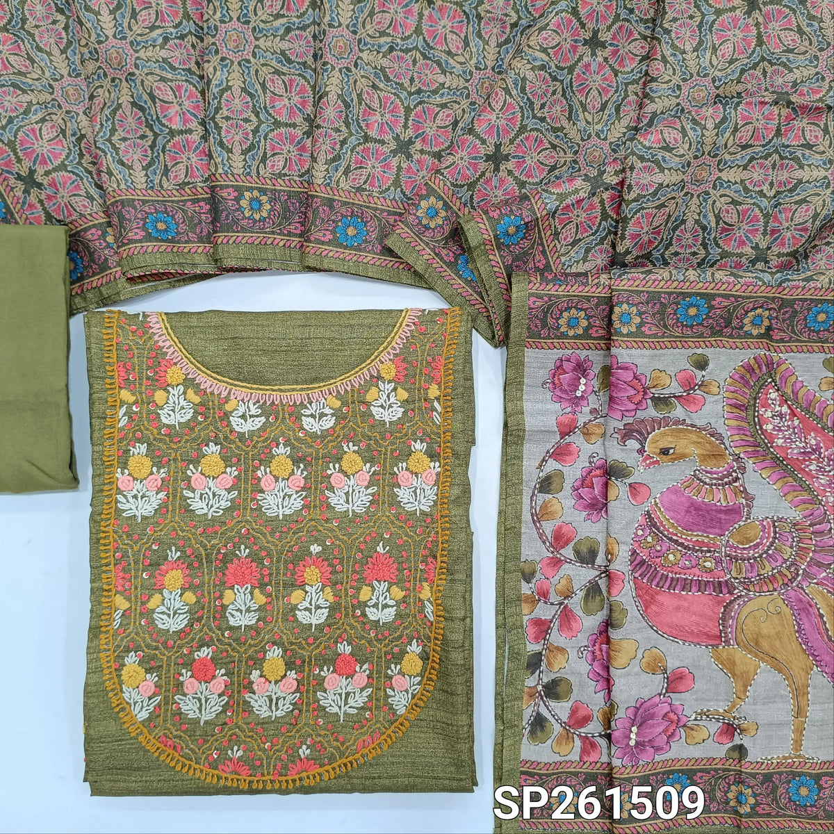 Olive green designer tussar silk unstitched salwar material, hand embrodiery on yoke (Lightweight, Textured, Lining Needed)macthing santoon bottom, digital printed tussar silk dupatta with hand embroidery and sequins work. SP261509