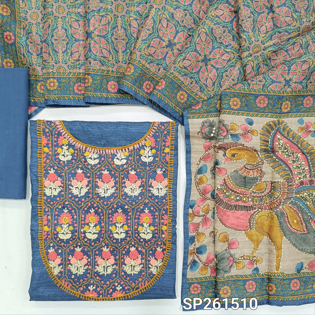Dark blue designer tussar silk unstitched salwar material, hand embrodiery on yoke (Lightweight, Textured, Lining Needed)macthing santoon bottom, digital printed tussar silk dupatta with hand embroidery and sequins work. SP261510