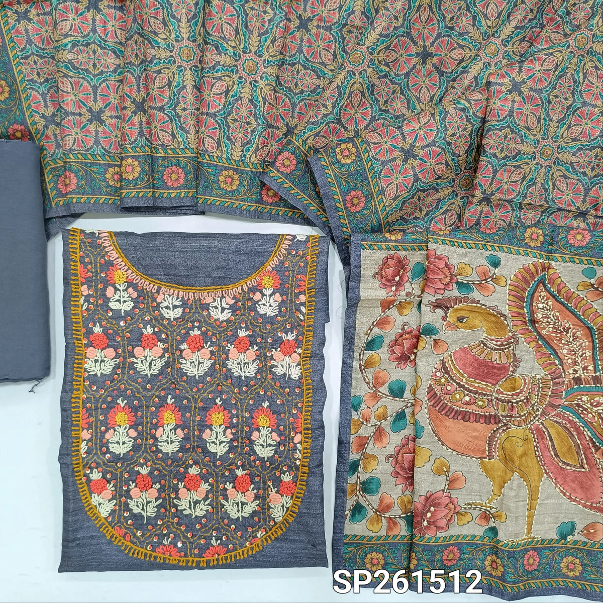 Grey designer tussar silk unstitched salwar material, hand embrodiery on yoke (Lightweight, Textured, Lining Needed)macthing santoon bottom, digital printed tussar silk dupatta with hand embroidery and sequins work. SP261512