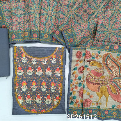 Grey designer tussar silk unstitched salwar material, hand embrodiery on yoke (Lightweight, Textured, Lining Needed)macthing santoon bottom, digital printed tussar silk dupatta with hand embroidery and sequins work. SP261512