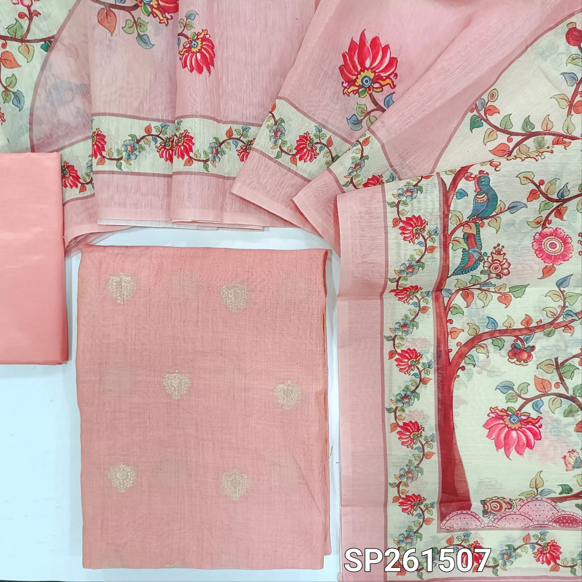 Pastel pink silk cotton benarasi zari woven unstitched salwar material (Thin, Lightweight, Lining Needed)matching silky bottom, digital printed silk cotton dupatta. SP261507