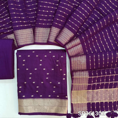 PREORDER SHIPPING IN 20 DAYS Designer Dark Purple premium uppada silk unstitched salwar material, zari weaving all over (Thin, Lining Needed)matching silky bottom, uppada silk dupatta with zari weaving all over and borders. SP261302