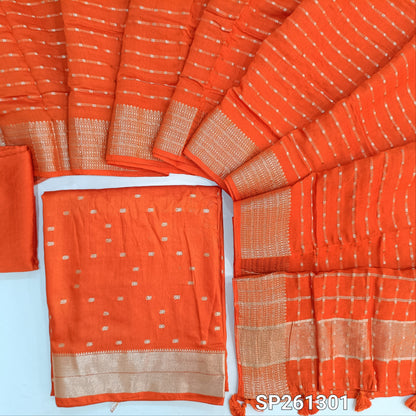PREORDER SHIPPING IN 20 DAYS Designer Rust Orange premium uppada silk unstitched salwar material, zari weaving all over (Thin, Lining Needed)matching silky bottom, uppada silk dupatta with zari weaving all over and borders. SP261301