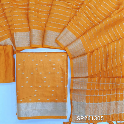 PREORDER SHIPPING IN 20 DAYS Designer Mango yellow premium uppada silk unstitched salwar material, zari weaving all over (Thin, Lining Needed)matching silky bottom, uppada silk dupatta with zari weaving all over and borders. SP261305
