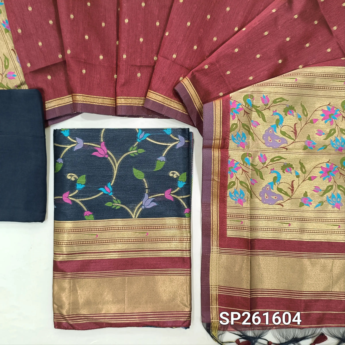 Black and maroon premium silk cotton unstitched salwar material, rich meenakari weaving all over, paithani weaving on borders (Thin, Lining Needed)matching santoon bottom, meenakari weaving on silk cotton dupatta. SP261604