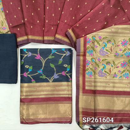 Black and maroon premium silk cotton unstitched salwar material, rich meenakari weaving all over, paithani weaving on borders (Thin, Lining Needed)matching santoon bottom, meenakari weaving on silk cotton dupatta. SP261604