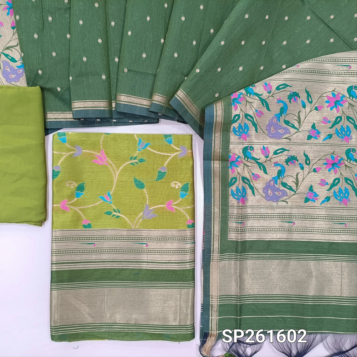 Light and dark green premium silk cotton unstitched salwar material, rich meenakari weaving all over, paithani weaving on borders (Thin, Lining Needed)matching santoon bottom, meenakari weaving on silk cotton dupatta. SP261602