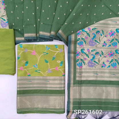 Light and dark green premium silk cotton unstitched salwar material, rich meenakari weaving all over, paithani weaving on borders (Thin, Lining Needed)matching santoon bottom, meenakari weaving on silk cotton dupatta. SP261602