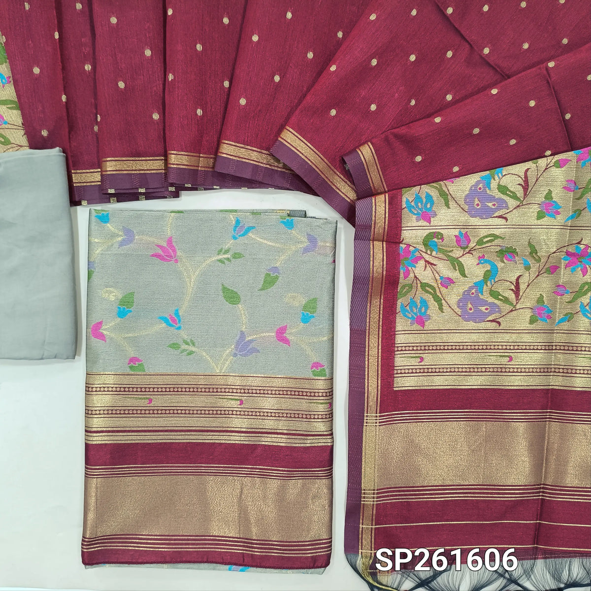 PRE ORDER SHIPPING AFTER 4 DAYS Greyish beige and maroon premium silk cotton unstitched salwar material, rich meenakari weaving all over, paithani borders (Thin, Lining Needed) santoon bottom, meenakari weaving on silk cotton dupatta. SP261606