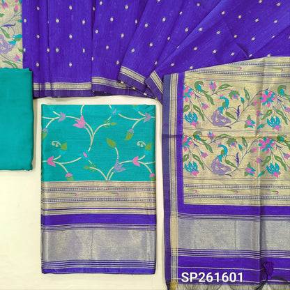 PRE ORDER SHIPPING AFTER 4 DAYS Light and dark turquoise blue premium silk cotton unstitched salwar material, rich meenakari weaving all over, paithani borders (Thin, Lining Needed) santoon bottom, meenakari weaving on silk cotton dupatta. SP261601