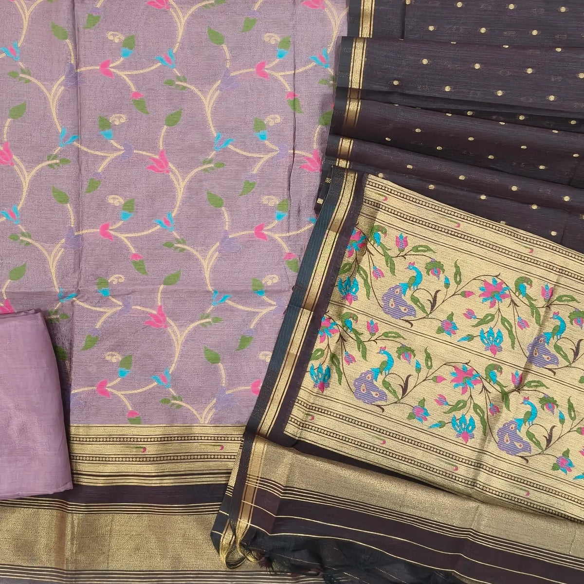 PRE ORDER  SHIPPING AFTER 4 DAYS  Mauve and dark beetroot purple premium silk cotton unstitched salwar material, rich meenakari weaving all over, paithani borders (Thin, Lining Needed)santoon bottom, meenakari weaving on silk cotton dupatta. SP261605