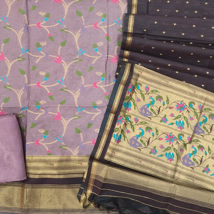 PRE ORDER  SHIPPING AFTER 4 DAYS  Mauve and dark beetroot purple premium silk cotton unstitched salwar material, rich meenakari weaving all over, paithani borders (Thin, Lining Needed)santoon bottom, meenakari weaving on silk cotton dupatta. SP261605