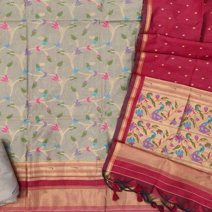 PRE ORDER SHIPPING AFTER 4 DAYS Greyish beige and maroon premium silk cotton unstitched salwar material, rich meenakari weaving all over, paithani borders (Thin, Lining Needed) santoon bottom, meenakari weaving on silk cotton dupatta. SP261606