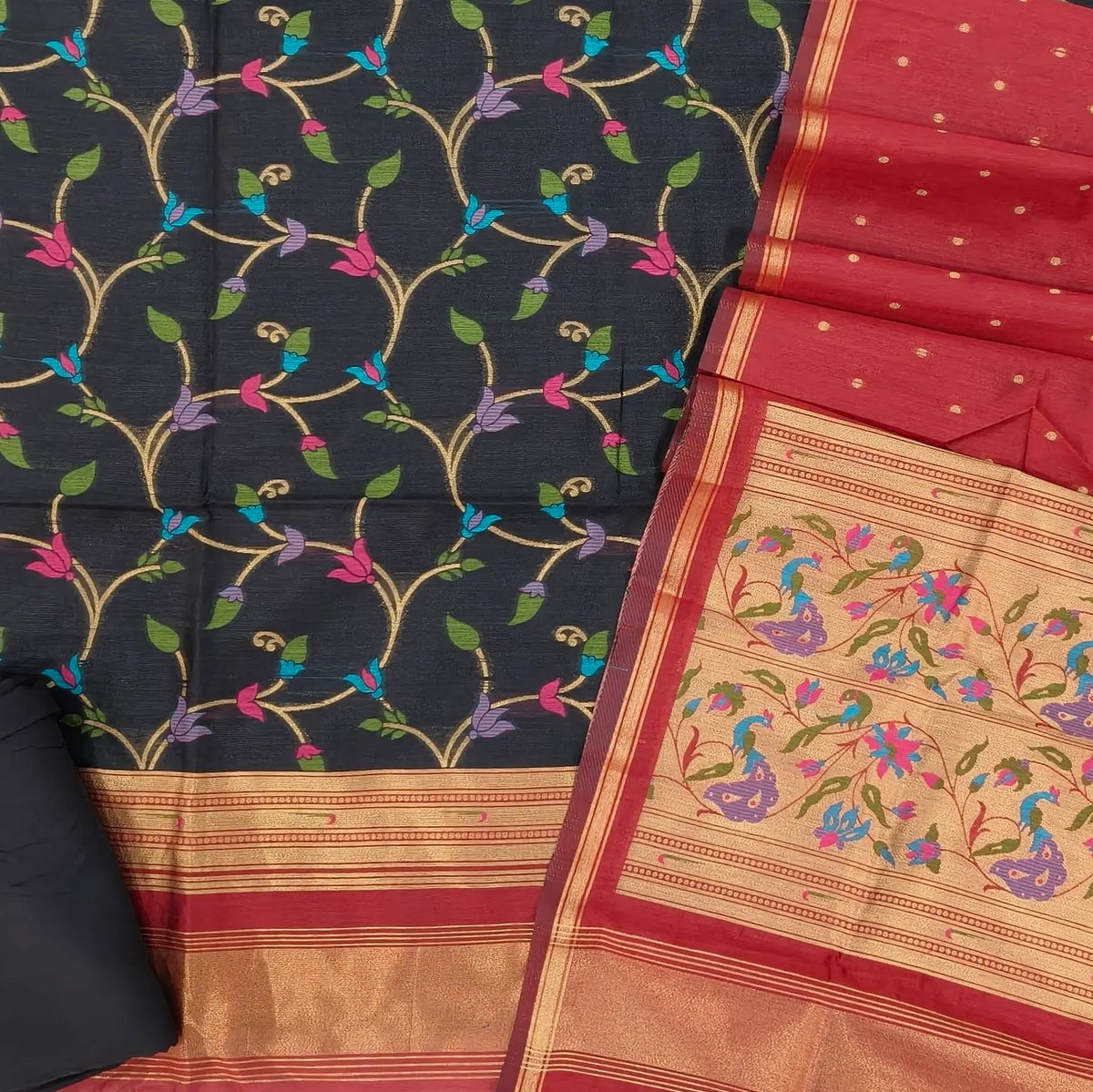 Black and maroon premium silk cotton unstitched salwar material, rich meenakari weaving all over, paithani weaving on borders (Thin, Lining Needed)matching santoon bottom, meenakari weaving on silk cotton dupatta. SP261604