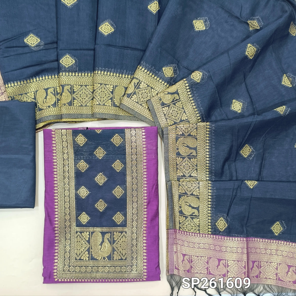 Purple and dark blue premium silk cotton benarasi zari woven unstitched salwar material, zari weaving on yoke&daman(Lightweight, Lining Needed)matching silk cotton bottom, zari wove silk cotton dupatta. SP261609