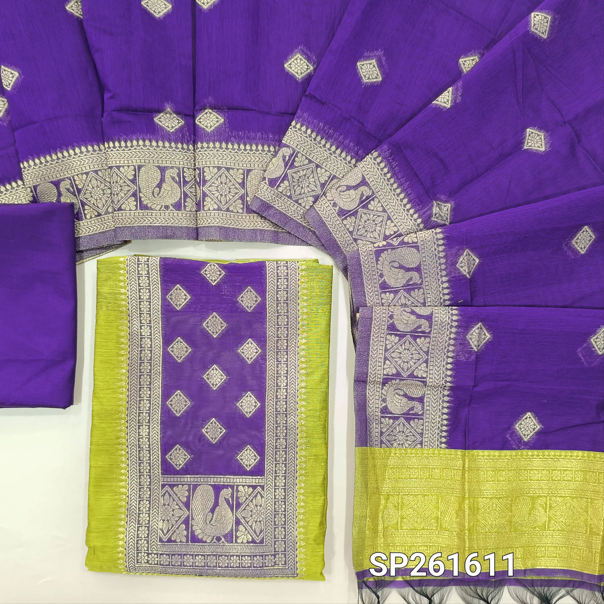 Leafy green and dark purple premium silk cotton benarasi zari woven unstitched salwar material, zari weaving on yoke&daman(Lightweight, Lining Needed)matching silk cotton bottom, zari wove silk cotton dupatta. SP261611