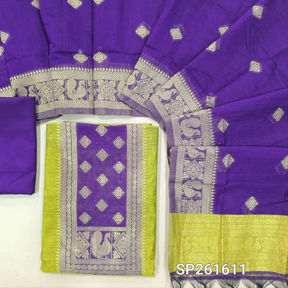 Leafy green and dark purple premium silk cotton benarasi zari woven unstitched salwar material, zari weaving on yoke&daman(Lightweight, Lining Needed)matching silk cotton bottom, zari wove silk cotton dupatta. SP261611