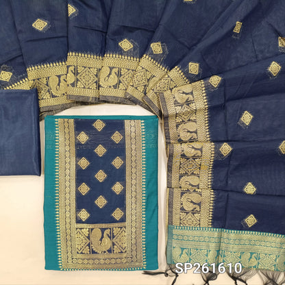Dark teal blue and dark blue premium silk cotton benarasi zari woven unstitched salwar material, zari weaving on yoke&daman(Lightweight, Lining Needed)matching silk cotton bottom, zari wove silk cotton dupatta. SP261610