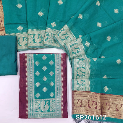 Dark maroon and teal green premium silk cotton benarasi zari woven unstitched salwar material, zari weaving on yoke&daman(Lightweight, Lining Needed)matching silk cotton bottom, zari wove silk cotton dupatta. SP261612