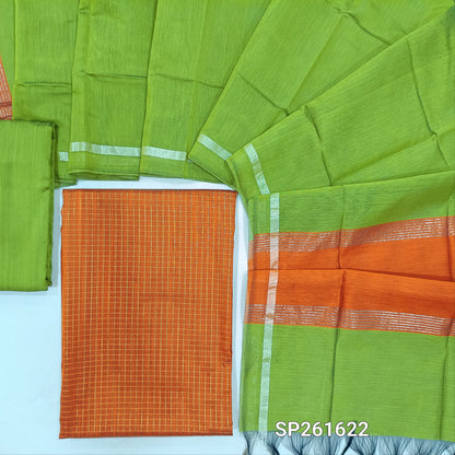 Rust Orange semi raw silk unstitched salwar material, zari thread checks all over (Soft, Lining Needed)leafy green matching semi raw silk dupatta, dual shaded silk cotton dupatta. SP261622