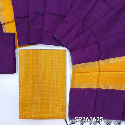Mehandhi yellow semi raw silk unstitched salwar material, zari thread checks all over (Soft, Lining Needed)dark purple matching semi raw silk dupatta, dual shaded silk cotton dupatta. SP261625