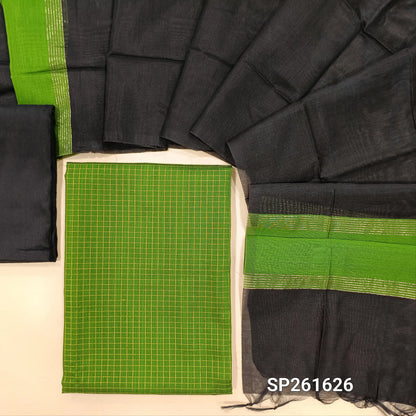 Leafy green semi raw silk unstitched salwar material, zari thread checks all over (Soft, Lining Needed)black matching semi raw silk dupatta, dual shaded silk cotton dupatta. SP261626