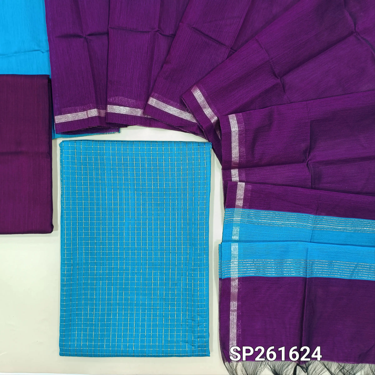 Bright Turquoise blue semi raw silk unstitched salwar material, zari thread checks all over (Soft, Lining Needed)dark purple matching semi raw silk dupatta, dual shaded silk cotton dupatta. SP261624