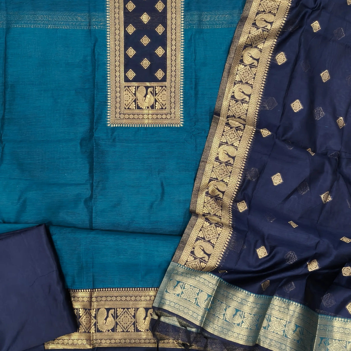 Dark teal blue and dark blue premium silk cotton benarasi zari woven unstitched salwar material, zari weaving on yoke&daman(Lightweight, Lining Needed)matching silk cotton bottom, zari wove silk cotton dupatta. SP261610