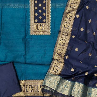 Dark teal blue and dark blue premium silk cotton benarasi zari woven unstitched salwar material, zari weaving on yoke&daman(Lightweight, Lining Needed)matching silk cotton bottom, zari wove silk cotton dupatta. SP261610