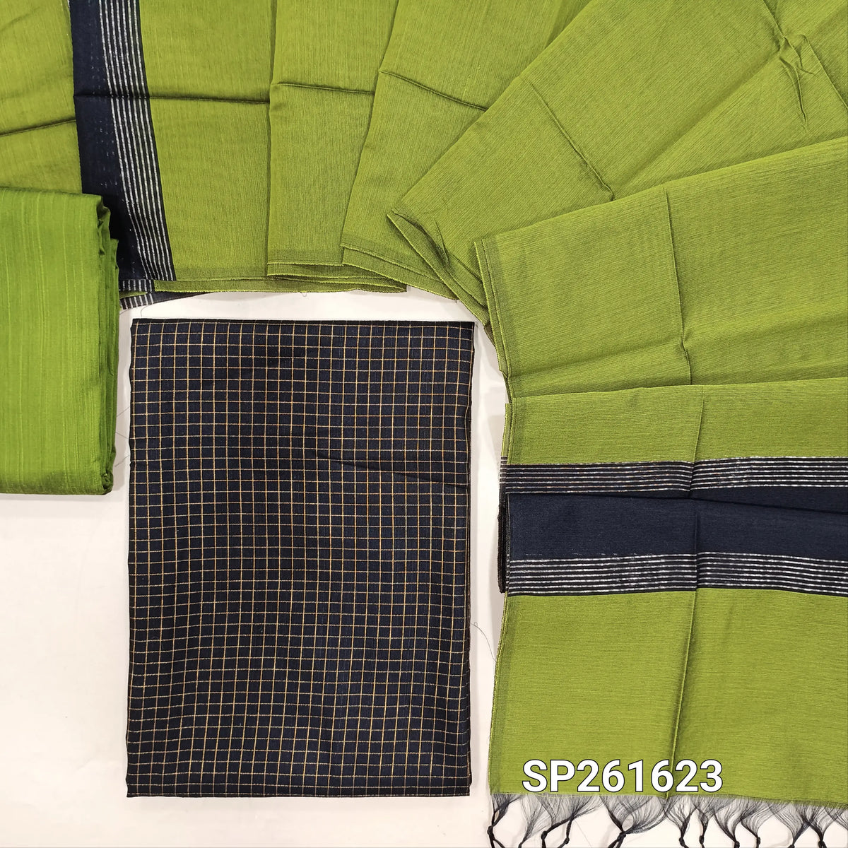Black semi raw silk unstitched salwar material, zari thread checks all over (Soft, Lining Needed)leafy green matching semi raw silk dupatta, dual shaded silk cotton dupatta. SP261623