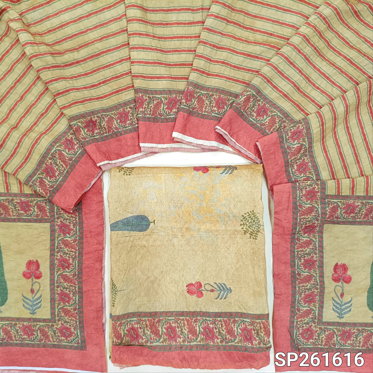 Rich beige digital printed mogra chanderi unstitched salwar material (Crinkled, Lining Needed) No Bottom, digital printed mogra chanderi dupatta. TAPINGS NEEDED. SP261616