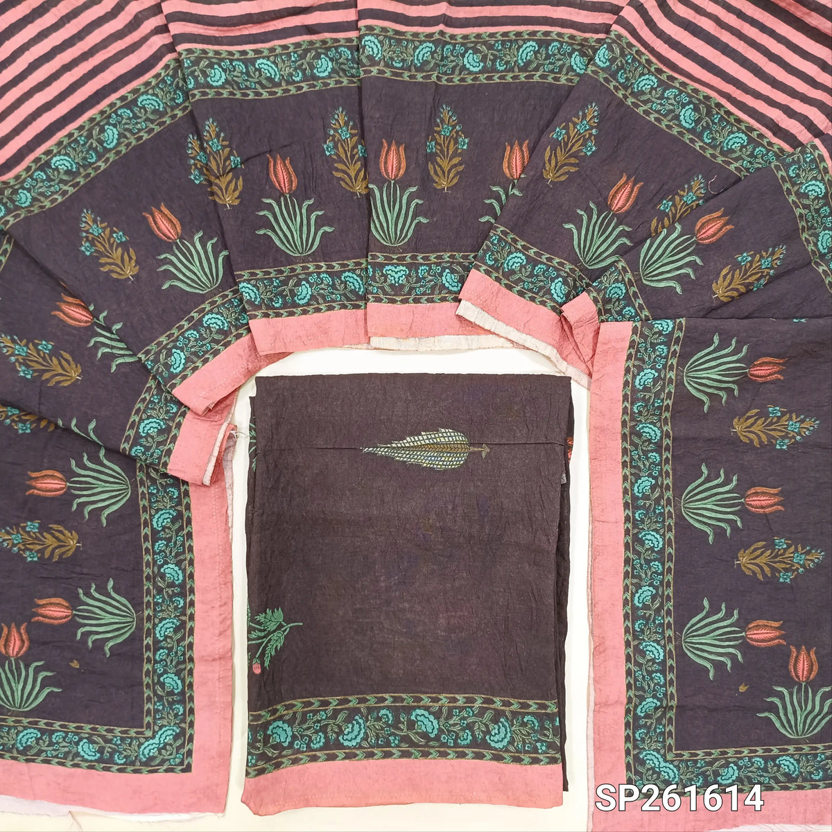 Dark brown printed mogra chanderi unstitched salwar material (Crinkled, Lining Needed) No Bottom, digital printed mogra chanderi dupatta. TAPINGS NEEDED. SP261614