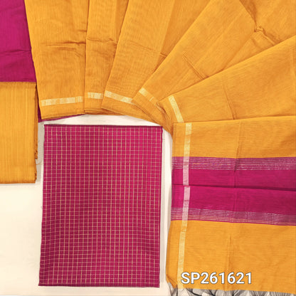 Rani pink semi raw silk unstitched salwar material, zari thread checks all over (Soft, Lining Needed)mehandhi yellow matching semi raw silk dupatta, dual shaded silk cotton dupatta. SP261621