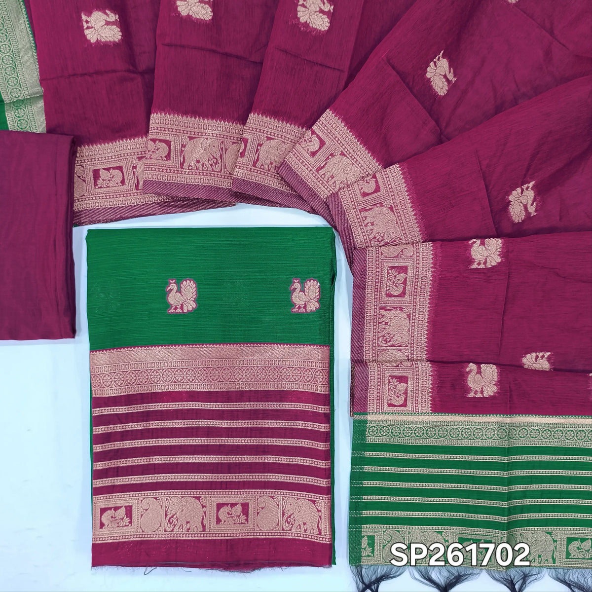 PRE ORDER SHIPPING AFTER 1 WEEK Bottle green with rani pink silk cotton benarasi zari woven unstitched salwar material, zari weaving on daman and front (Lightweight, Lining Needed) silk cotton bottom, zari wove silk cotton dupatta. SP261702
