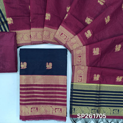 PRE ORDER SHIPPING AFTER 1 WEEK Navy blue with rani pink silk cotton benarasi zari woven unstitched salwar material, zari weaving on daman and front (Lightweight, Lining Needed)silk cotton bottom, zari wove silk cotton dupatta. SP261705