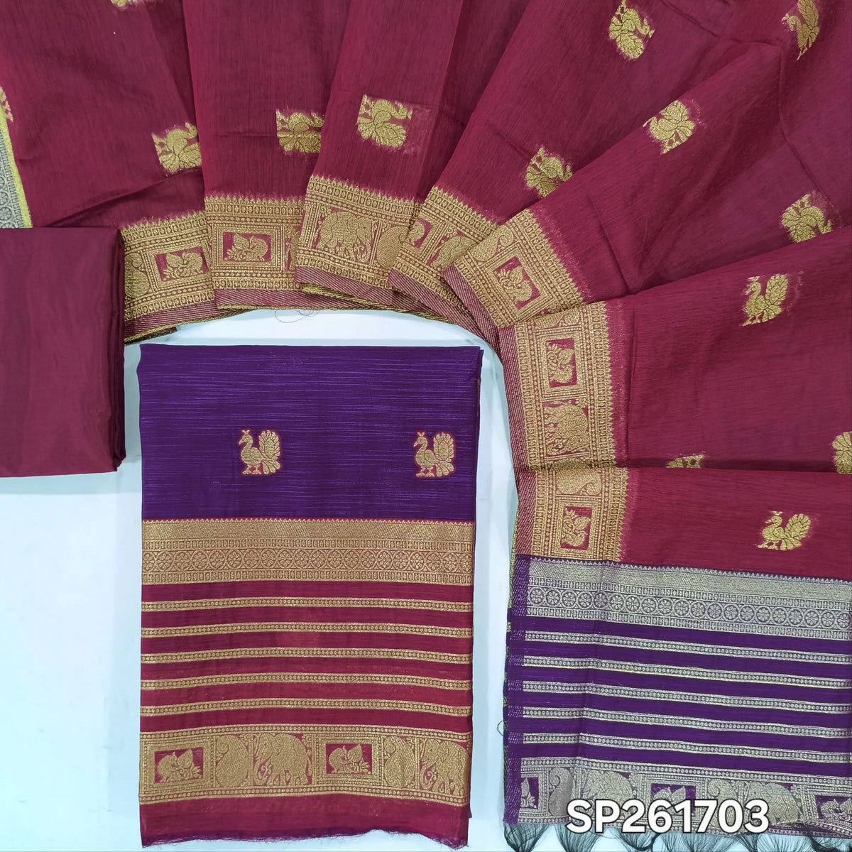PRE ORDER SHIPPING AFTER 1 WEEK Purple with rani pink silk cotton benarasi zari woven unstitched salwar material, zari weaving on daman and front (Lightweight, Lining Needed)silk cotton bottom, zari wove silk cotton dupatta. SP261703