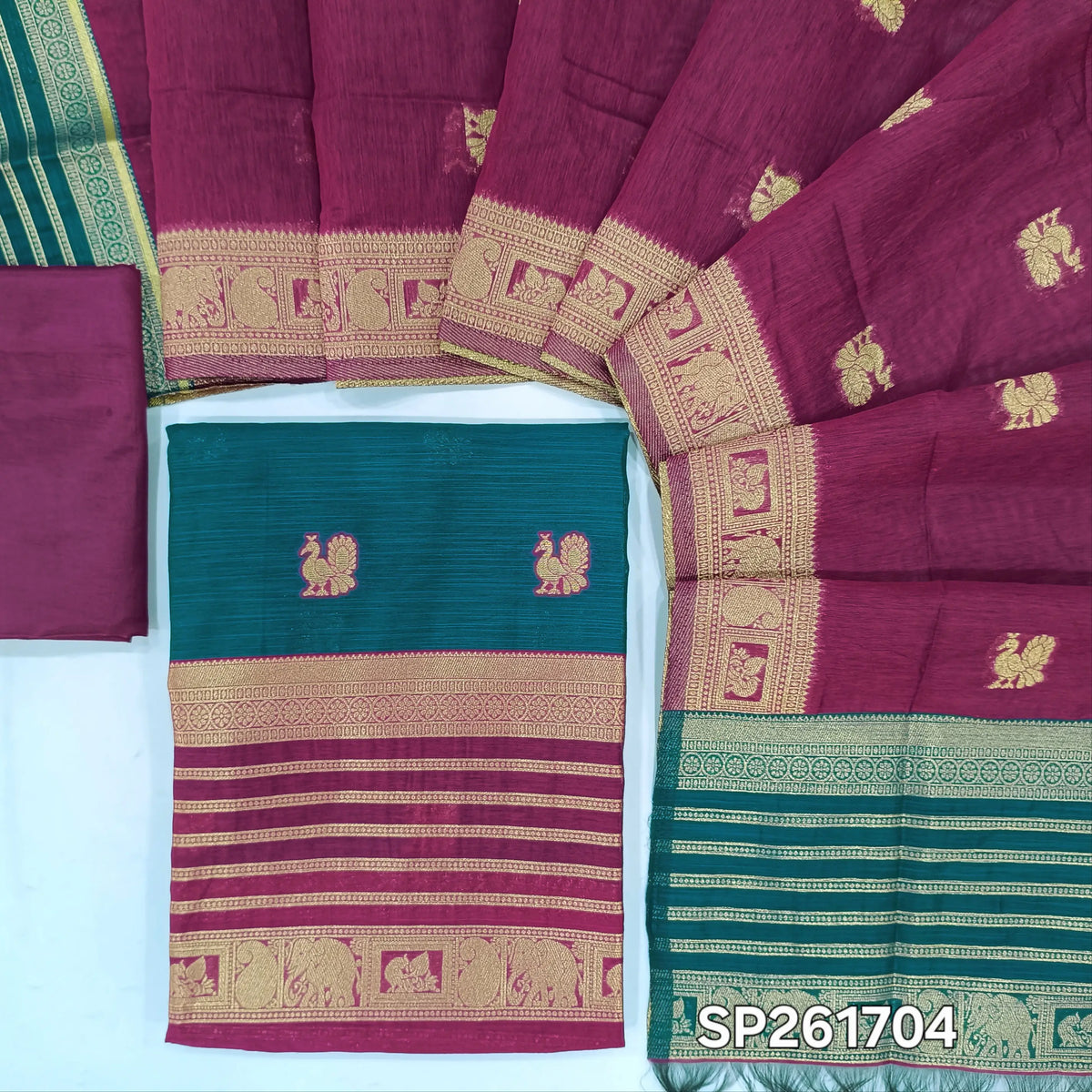 PRE ORDER SHIPPING AFTER 1 WEEK Dark teal blue with rani pink silk cotton benarasi zari woven unstitched salwar material, zari weaving on daman and front (Lightweight, Lining Needed)silk cotton bottom, zari wove silk cotton dupatta. SP261704