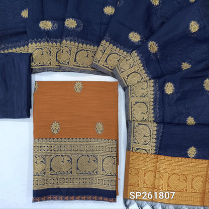 Honey brown premium silk cotton unstitched salwar material,buttas all over benarasi zari weaving daman, (lining needed)dark blue silky bottom,buttas on silk cotton dupatta with pallu and borders. SP261807
