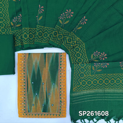 Fenugreek yellow with bottle green handloom cotton unstitched salwar material, hand block prints on front, real mirror and ikat yoke patch (Lining Optional)pure cotton bottom, mul cotton dupatta with hand block prints and zari detailing. SP261708