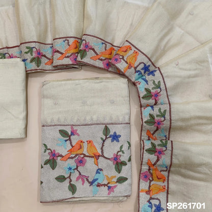 Designer off white with golden tint pure tissue organza silk unstitched salwar material, rich silver tissue daman with embroidery, silver zari buttas on front (Thin, Lining Needed)matching santoon bottom,dupatta with zari buttas and embroidery. SP261701