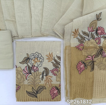 Rich beige premium silk cotton unstitched salwar material, zari buttas on front, applique work, thread embroidery and gold tissue daman,(lining needed)spun cotton bottom,silk cotton dupatta with applique and tissue pallu and lace tapping. SP261812