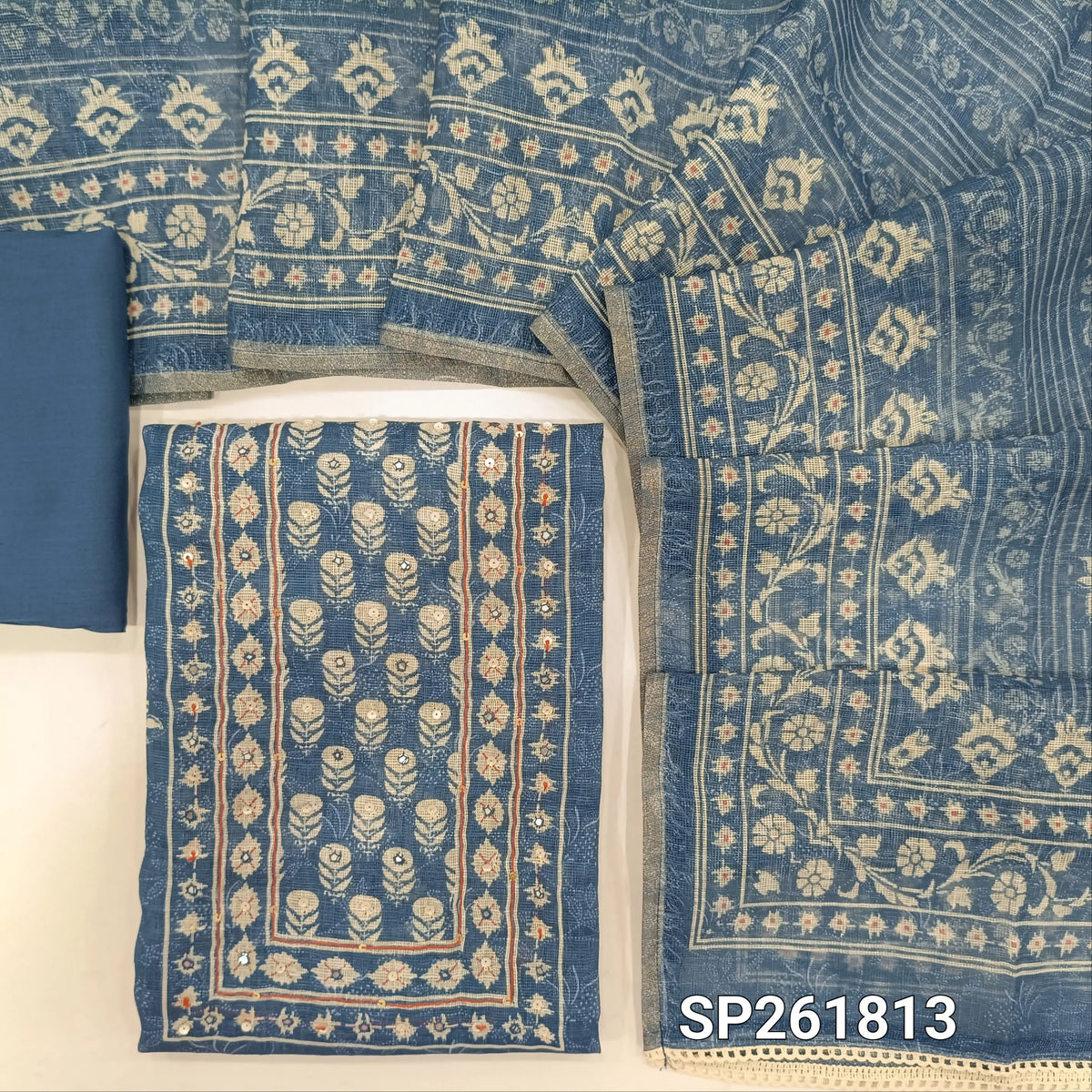 Indigo blue premium linen unstitched salwar material,printed all over,sugar bead and sequins work on yoke, (Textured, Lining Needed)spun cotton bottom,digital printed linen dupatta with lace tapping and tissue borders. SP261813