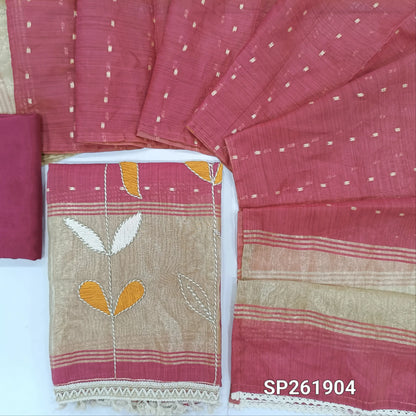 Pink silk cotton unstitched salwar material, V neck, zari buttas all over, thread embroidery with tissue daman,(lining needed) spun cotton bottom, zari buttas on silk cotton dupatta with gold tissue pallu. SP261904